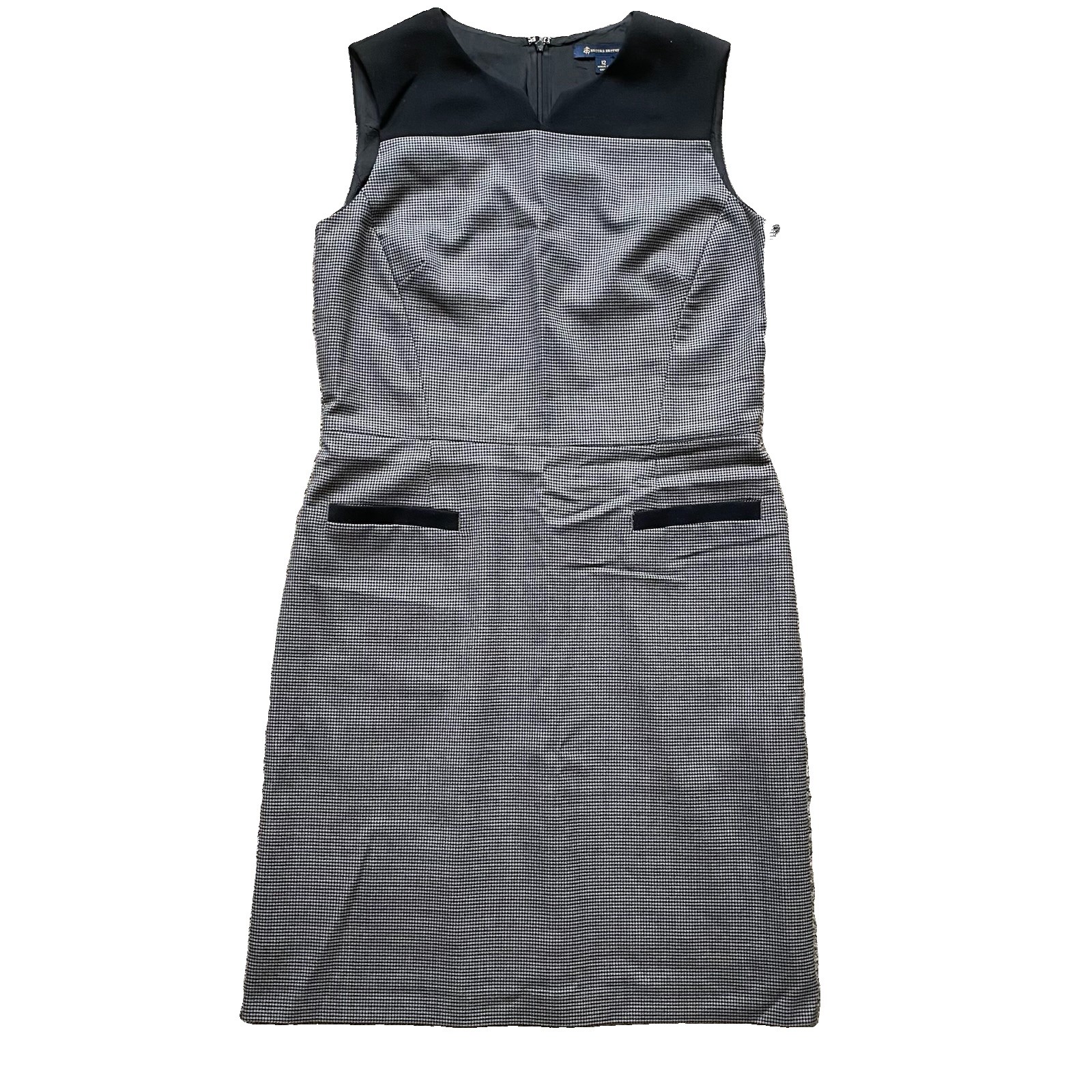 Brooks Brothers Houndstooth Gray Sheath Dress 12 Wool Sleeveless Classic Office