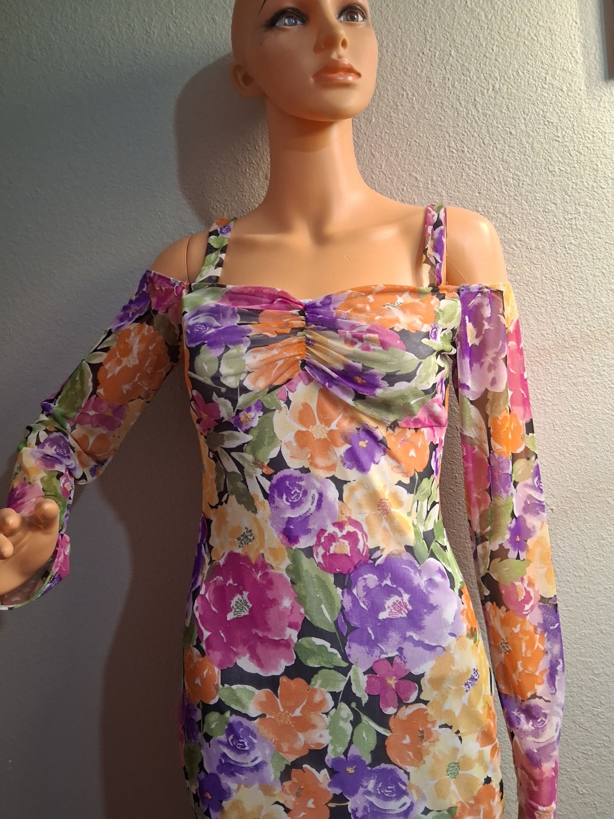 Fashion Nova Floral Mesh Off Shoulder Cold Shoulder Bodycon Mini Dress M