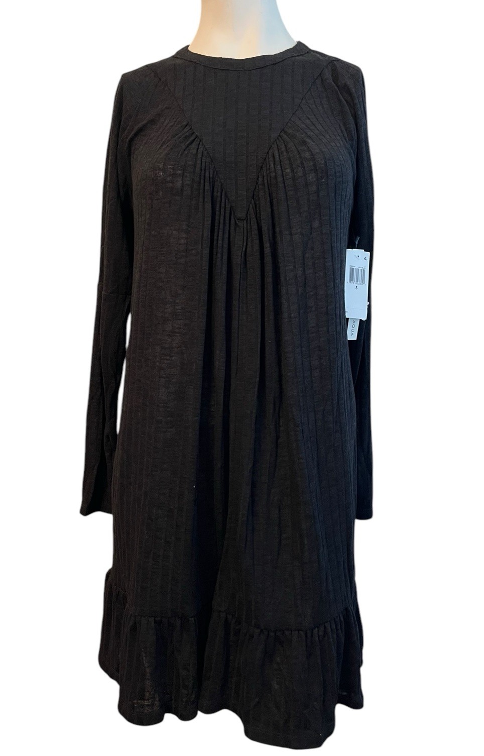 Small Black Long Sleeve Knit Smocked Dress Lightweight Ruffle NWT MSRP $78