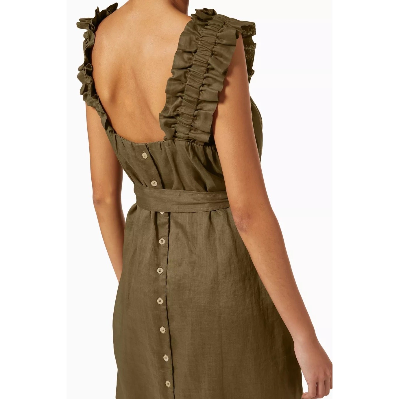 Frame Ruffle Strap Button Back Dress in Moss Size Small Khaki Green Ramie Chic