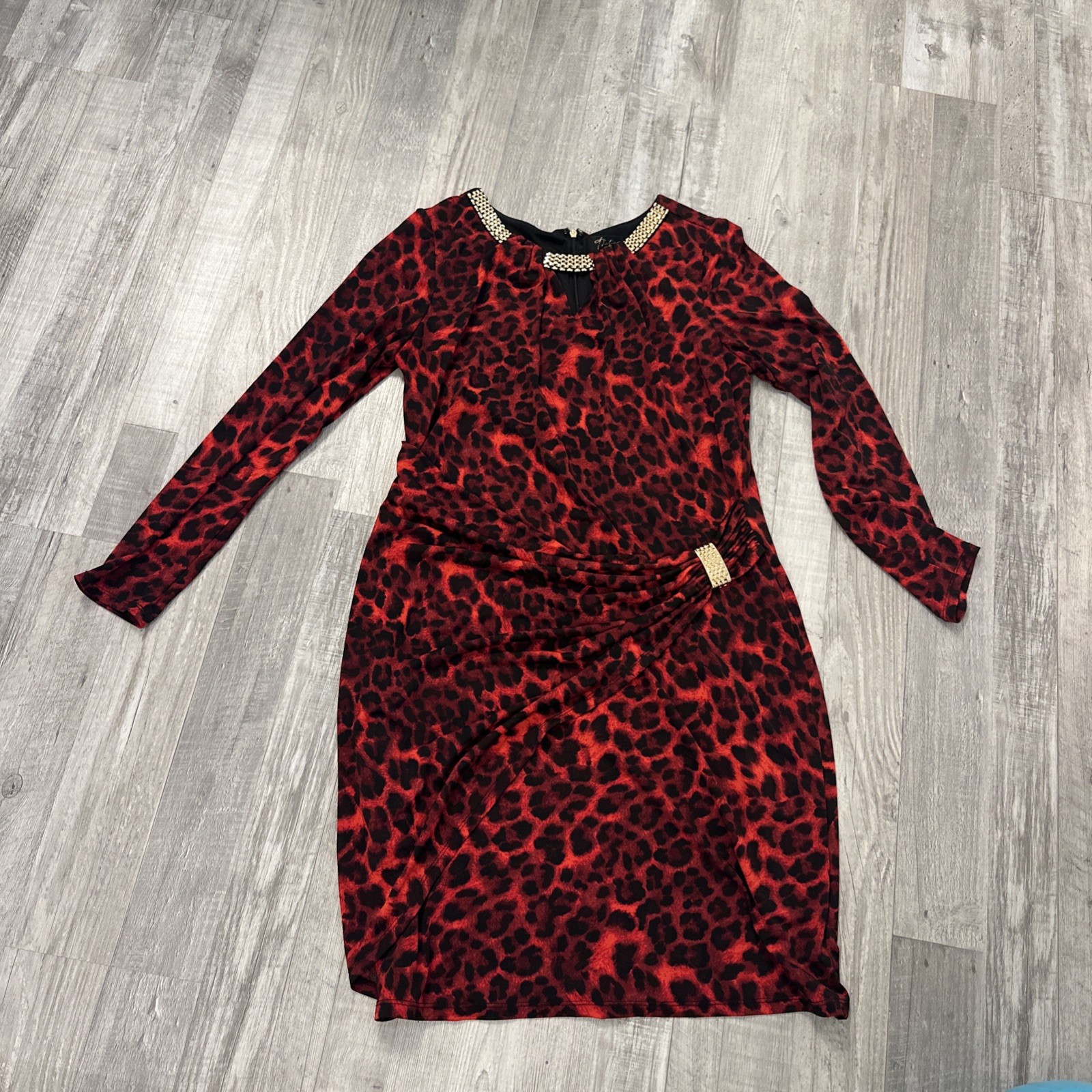 Thalia Sodi Dress Sz LG Red Black Leopard & Gold Chain Long Sleeve Stretch