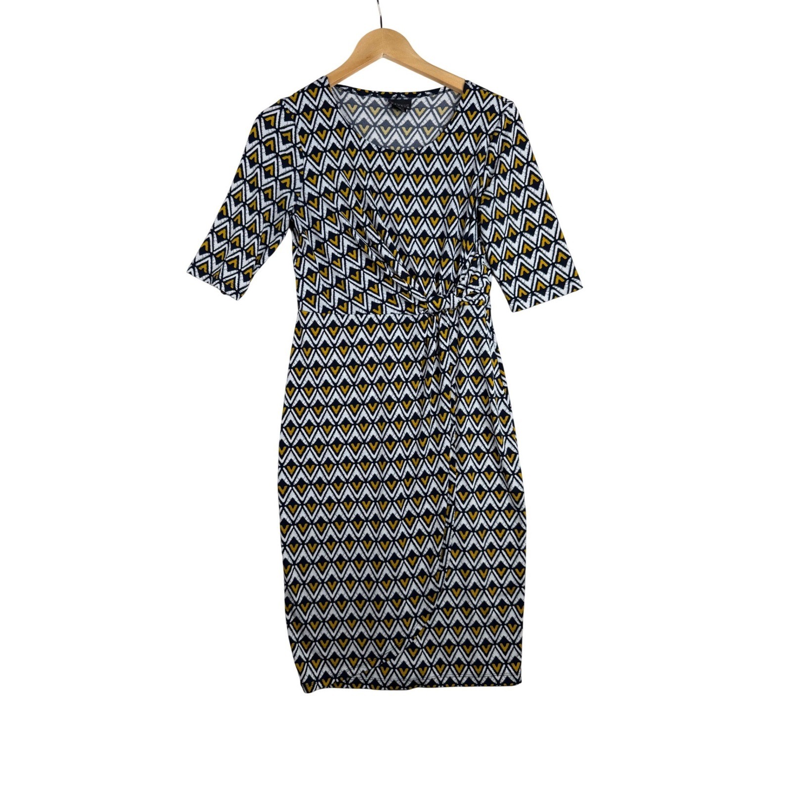 Enfocus Studio Faux Wrap Geometric Print Midi Dress size 6 Black/Yellow/White