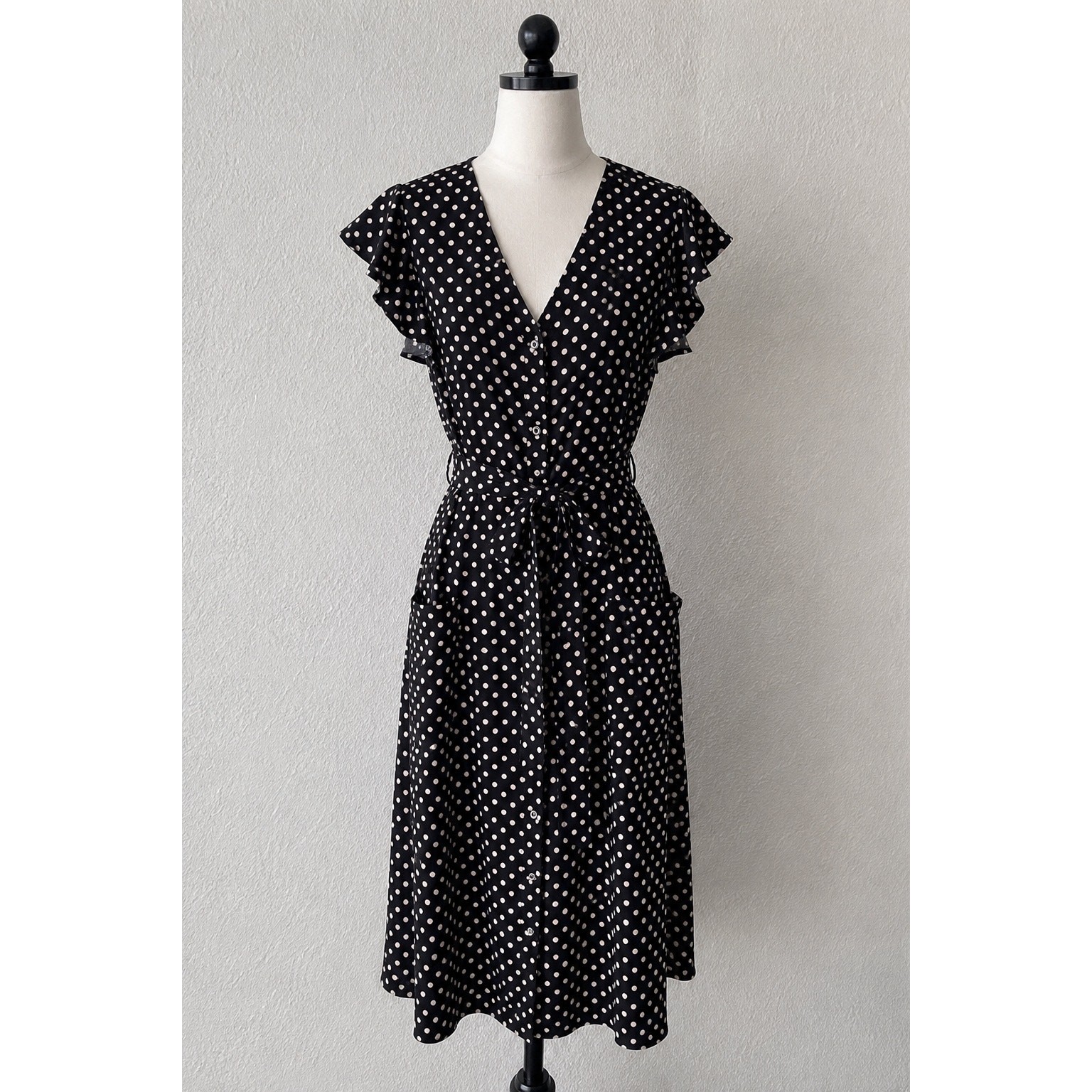 Black/Ivory PolkaDot Flutter Sleeve Tie Waist Pocket Midi Dress 7 Retro Coquette