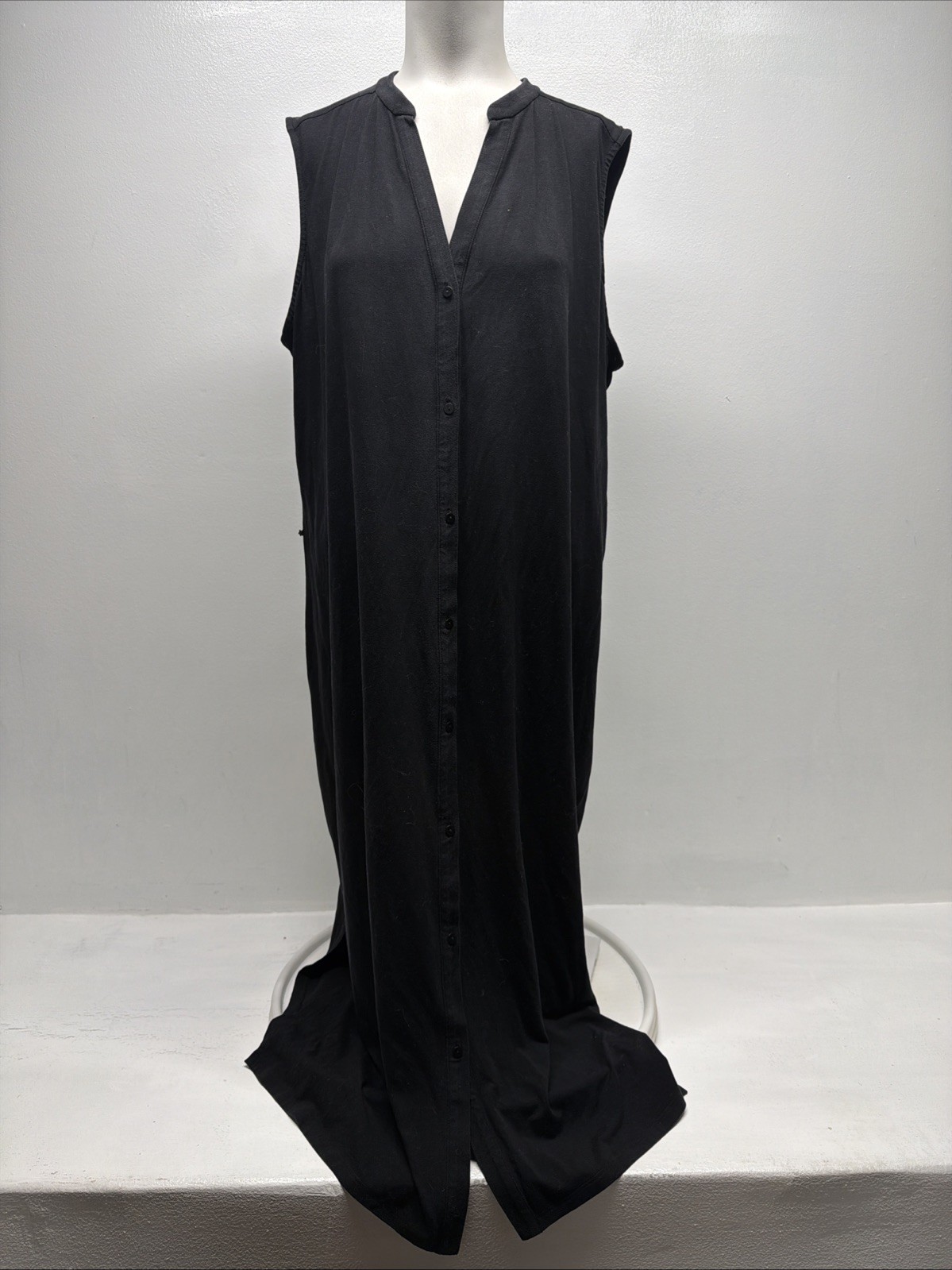 Eileen Fisher Shirt Dress Midi Button Up Sleeveless Lightweight Black Size XL
