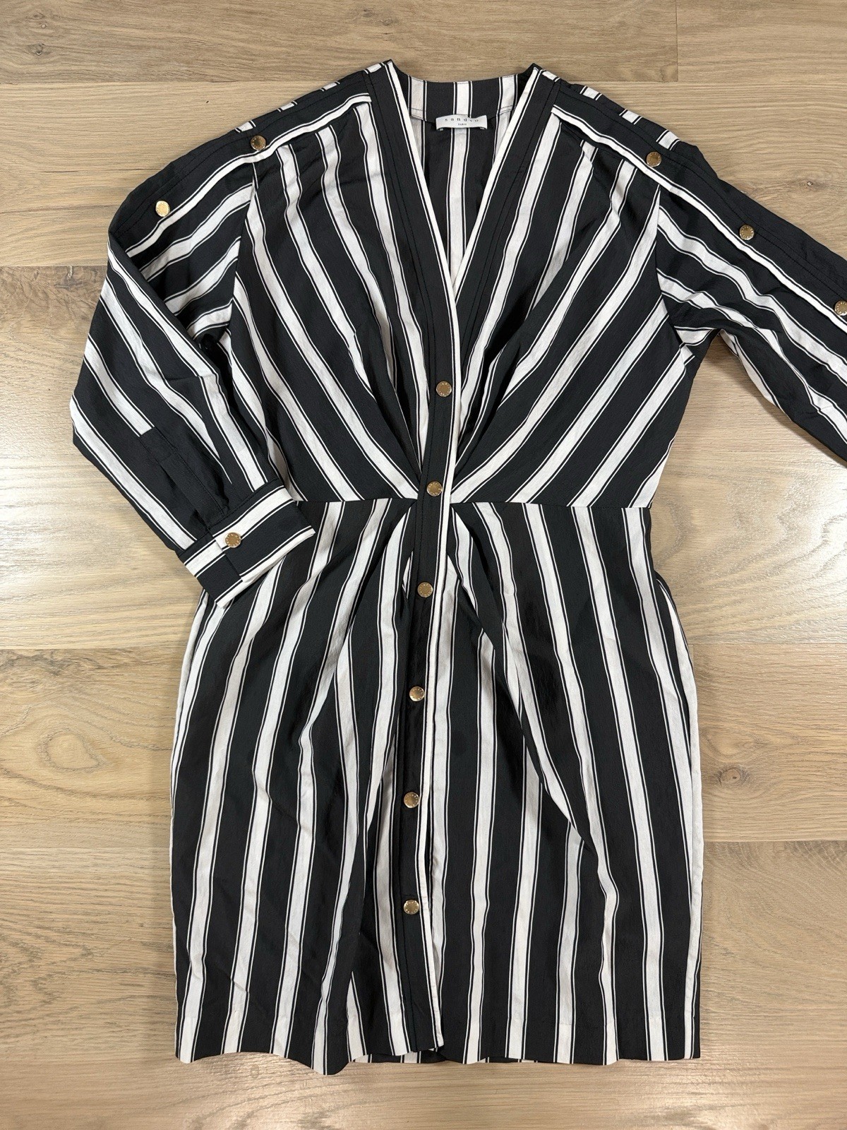 Sandro Black White Striped V-Neck Long Sleeve Sheath Short Dress 2 Button
