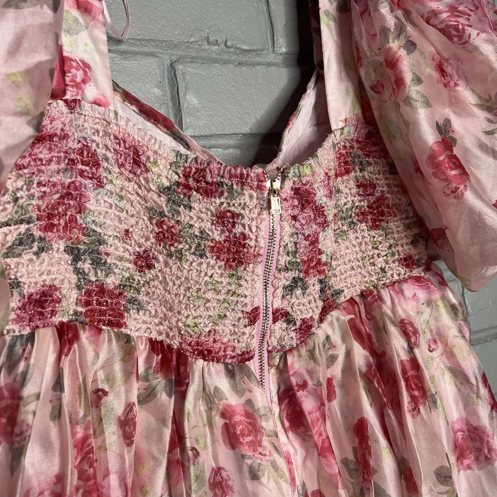 Sofie The Label Sheer Pink Floral Puff Sleeve Mini Dress Size Large