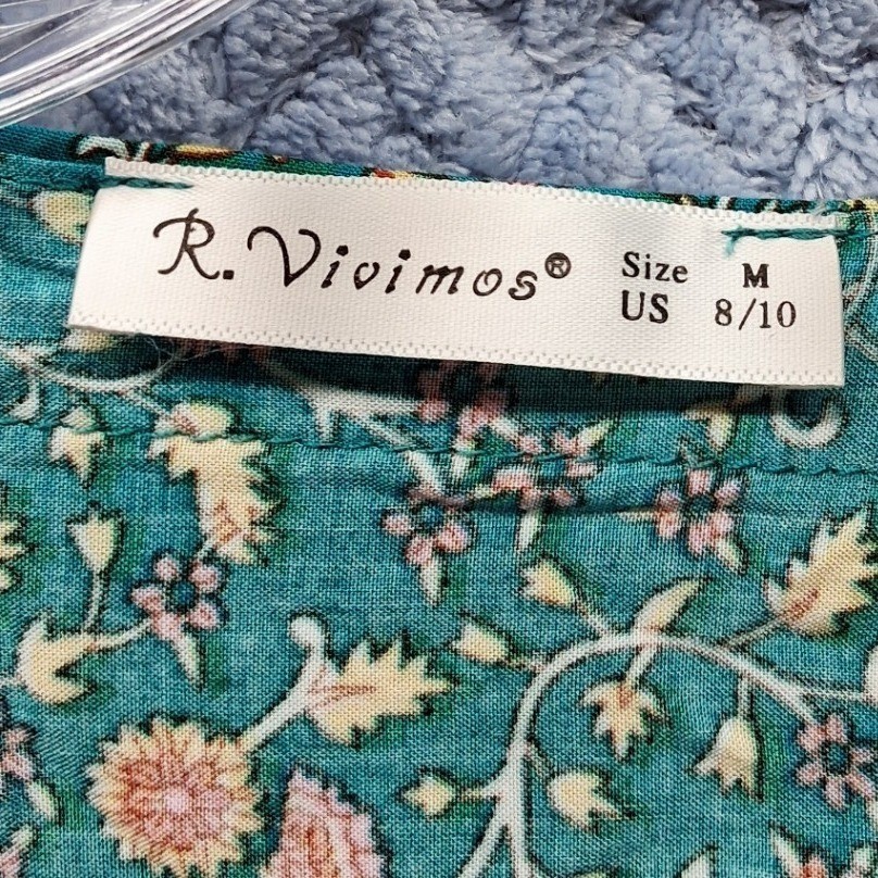 R. Vivimos Teal Floral Boho Maxi Dress Short Sleeve Tassel Pom Trim Size M 8/10