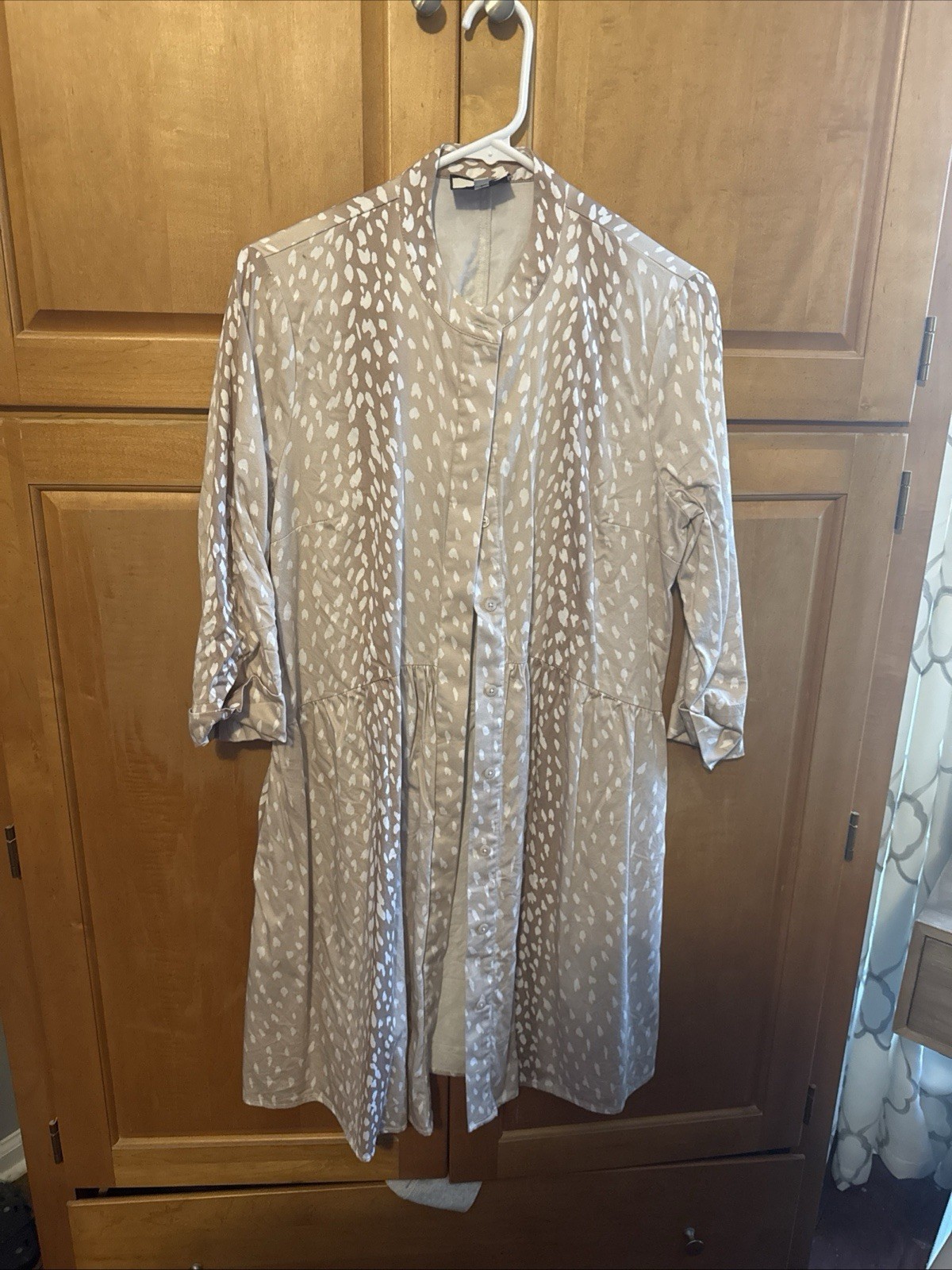 Tuckernuck Ombre Tan White Fawn Print Hidden Button Shirt Dress w/Pockets M $268