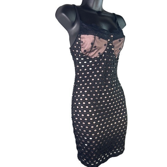 Dazy Med Black Eyelet Lace Bustier Mini Dress Polka Dot Trim Night Out Bodycon