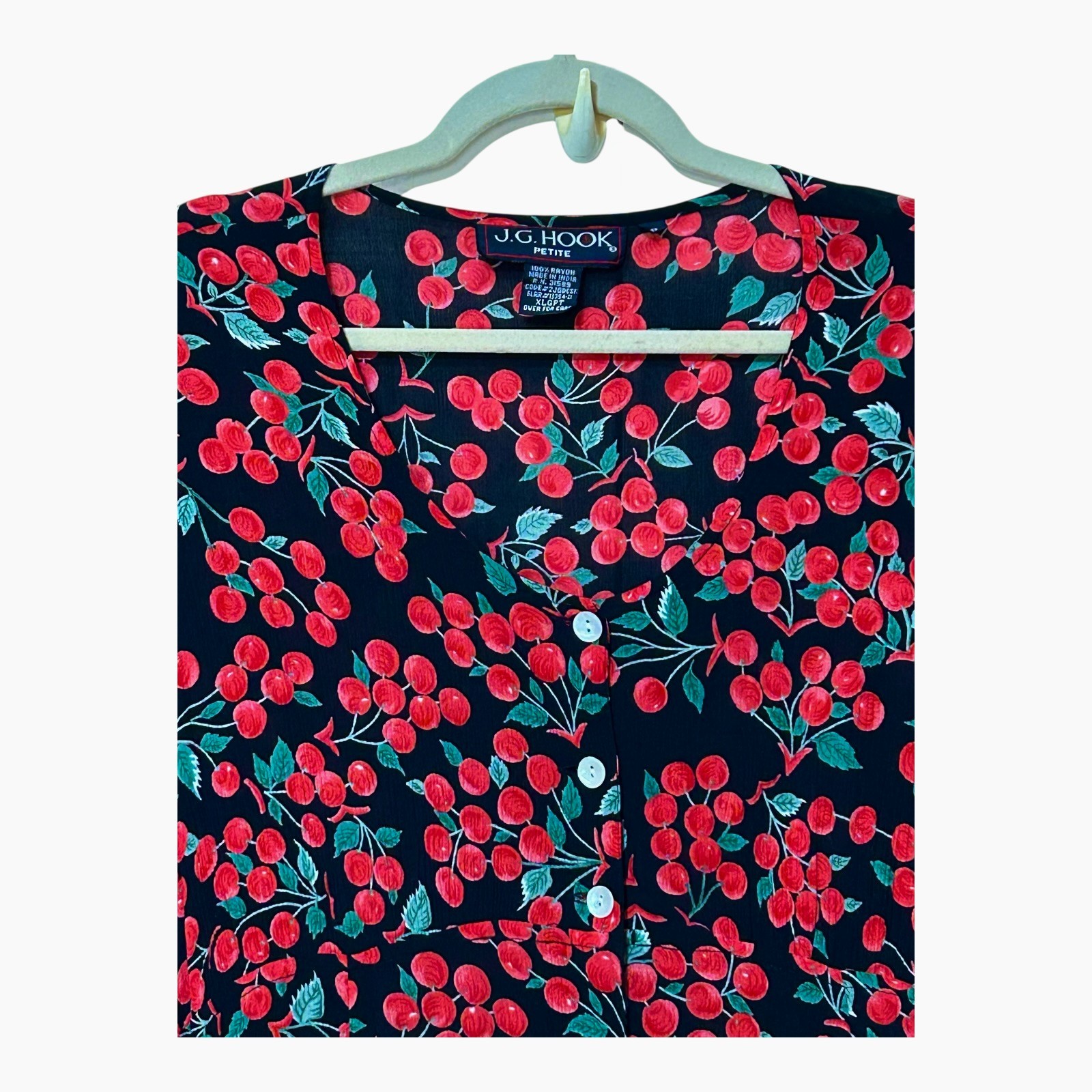 J.G. Hook PETITE Women’s Novelty Cherry Print Dress PXL Button Rayon VINTAGE