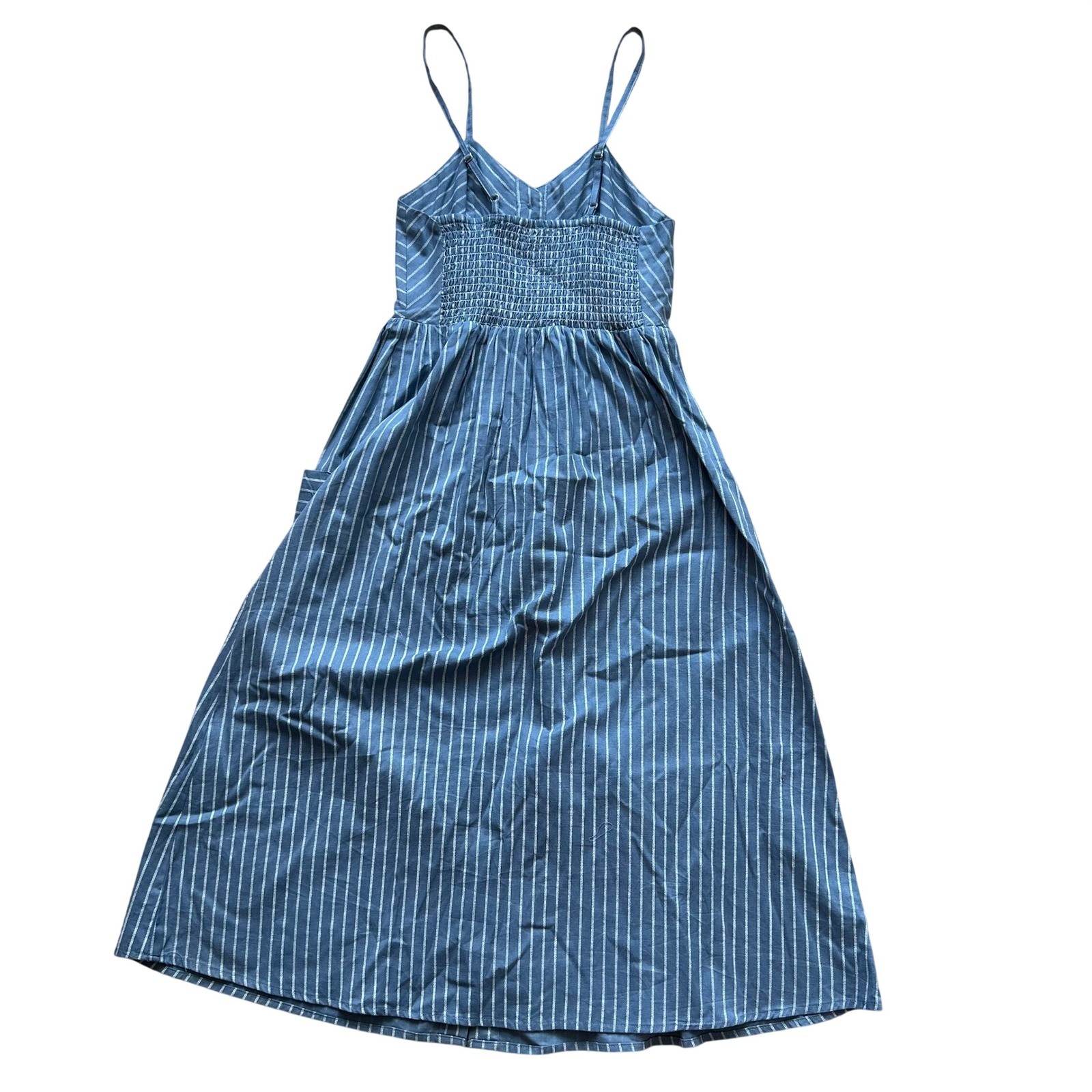 Blue Striped Cami Smocked Sundress Pockets Midi Dress S Button Front 100% Cotton