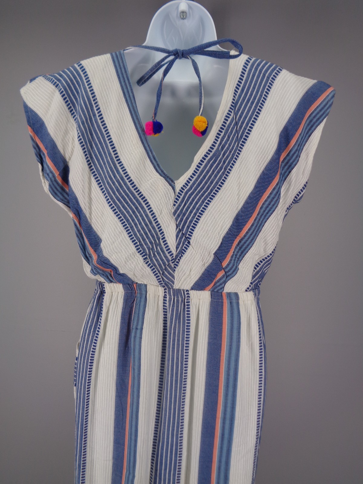 THML Stripe Pom Pom Tie Neck Dress Size Small White Blue Coral