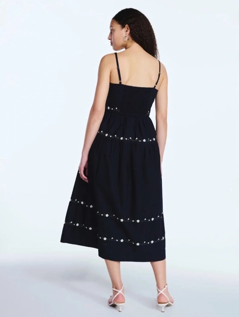 Free Assembly Sleeveless Dark Navy Midi Dress with White Floral Embroidery M8-12