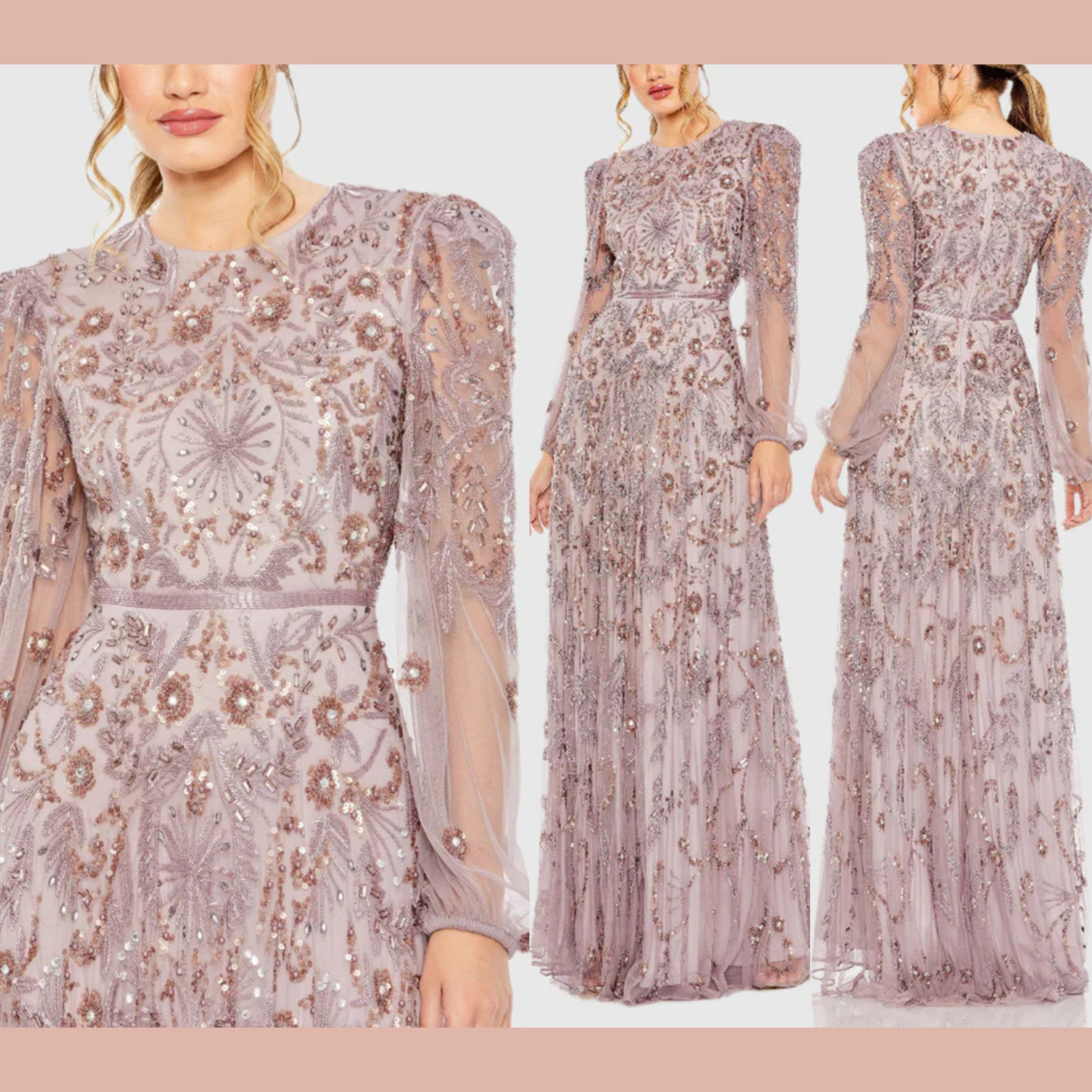 NWT MAC DUGGAL [ 10 ] 93930 Puff Sleeve Embellished A Line Gown Heather J1968