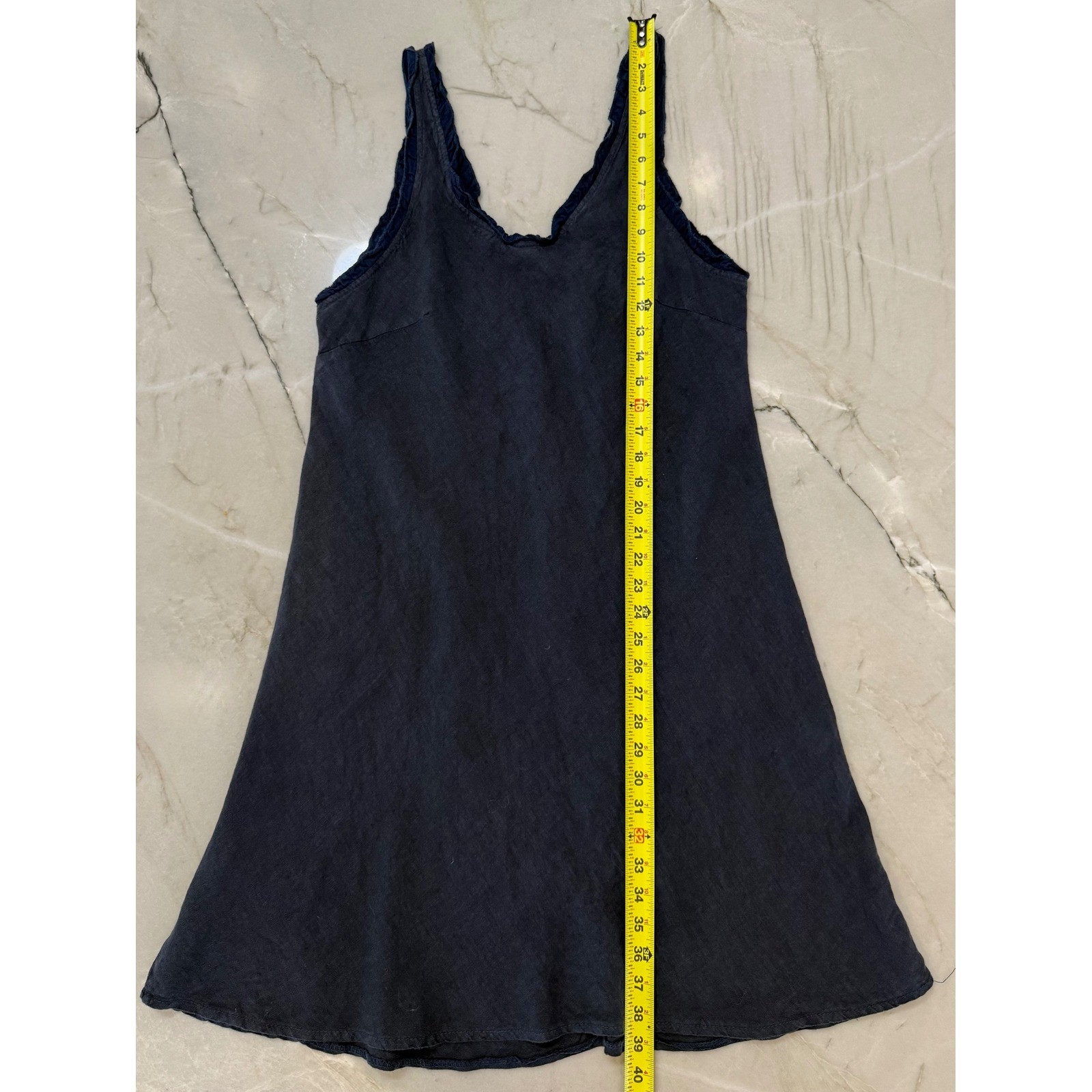 Meo Meli Italy Navy 100% Linen Ruffle Trim V-Neck A-Line Midi Dress One Size
