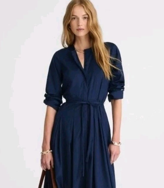 Banana Republic Poplin Shirt Dress Navy blue front Button belted Long XS S $138