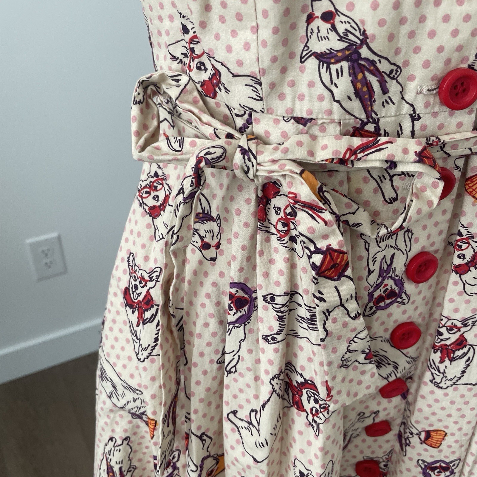 MODCLOTH Cream Polka Dot Community Brunch Bespeckled Corgi Dress MED With Belt
