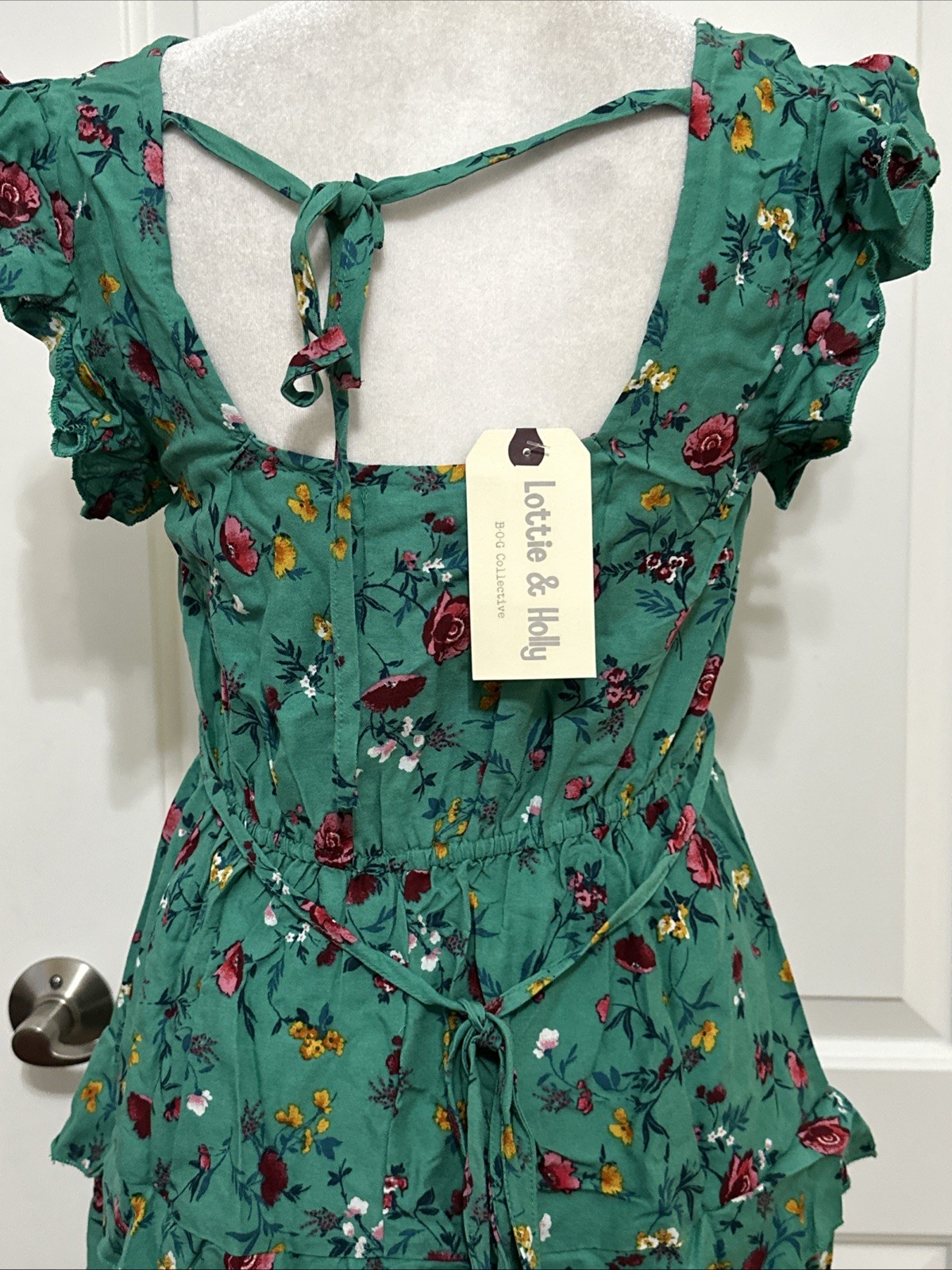 NWT Lottie & Holly B.O.G. Tiered Mini Dress Green Pink Floral M