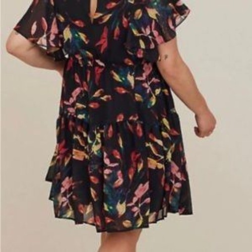 Torrid Womens Plus Size 4 Leaf Print Chiffon Flutter Sleeve Tiered Mini Dress