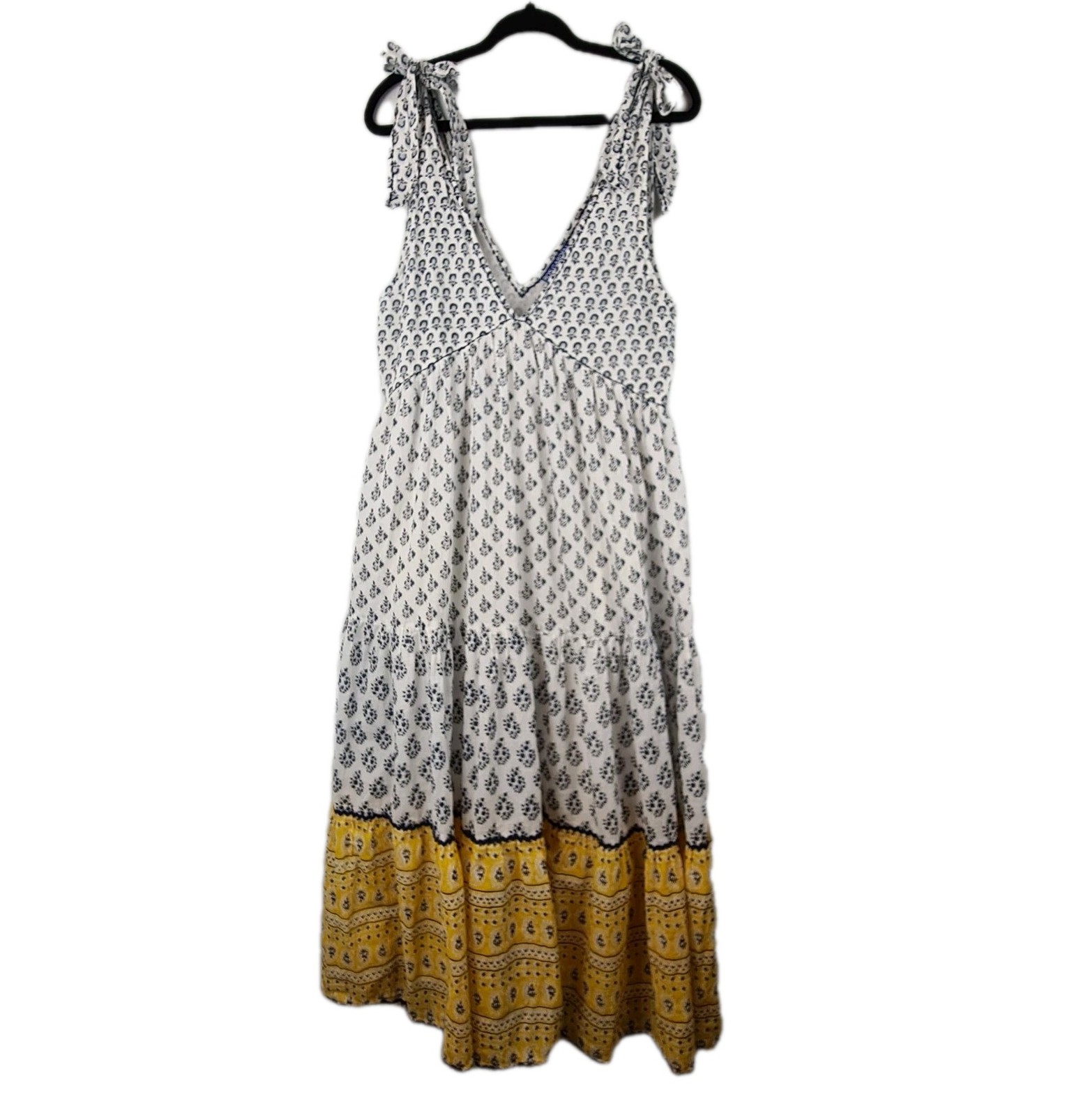 Anthropologie Ro’s Garden Evelyn Midi Dress Small Tie Strap Floral White Yellow