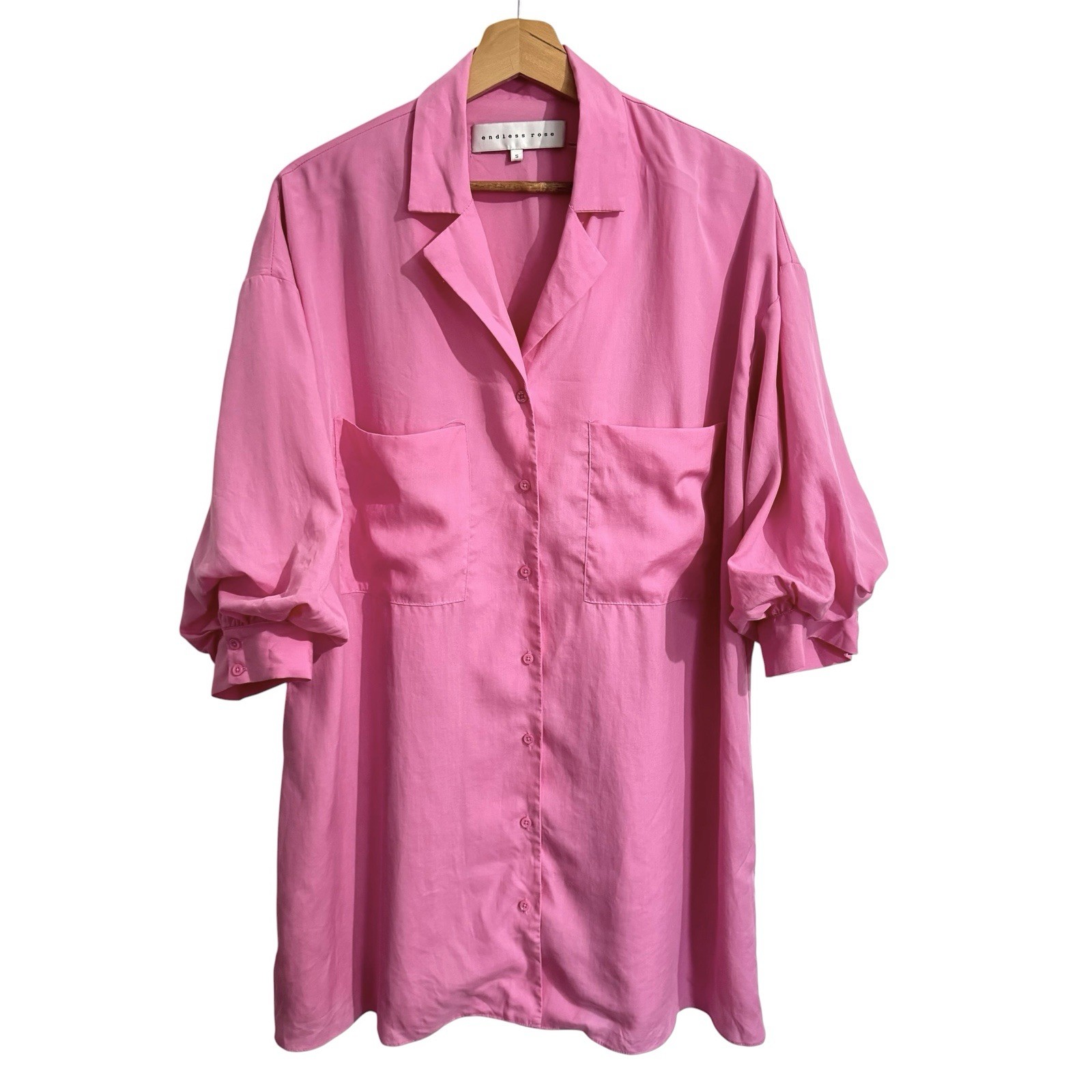 Endless Rose Pink Puff Balloon Sleeve Button Up Shirt Dress Women’s Size Small S