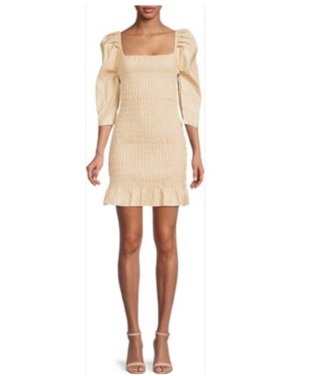 7 For All Mankind Faux Leather Square Neck Smocked Puff Sleeve Mini Dress, Sz S