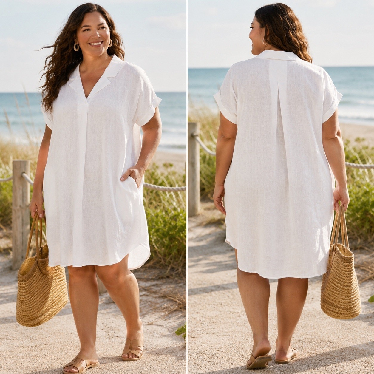 Eileen Fisher Organic Linen Notch Collar Dress XL White Boxy Knee Length NWT