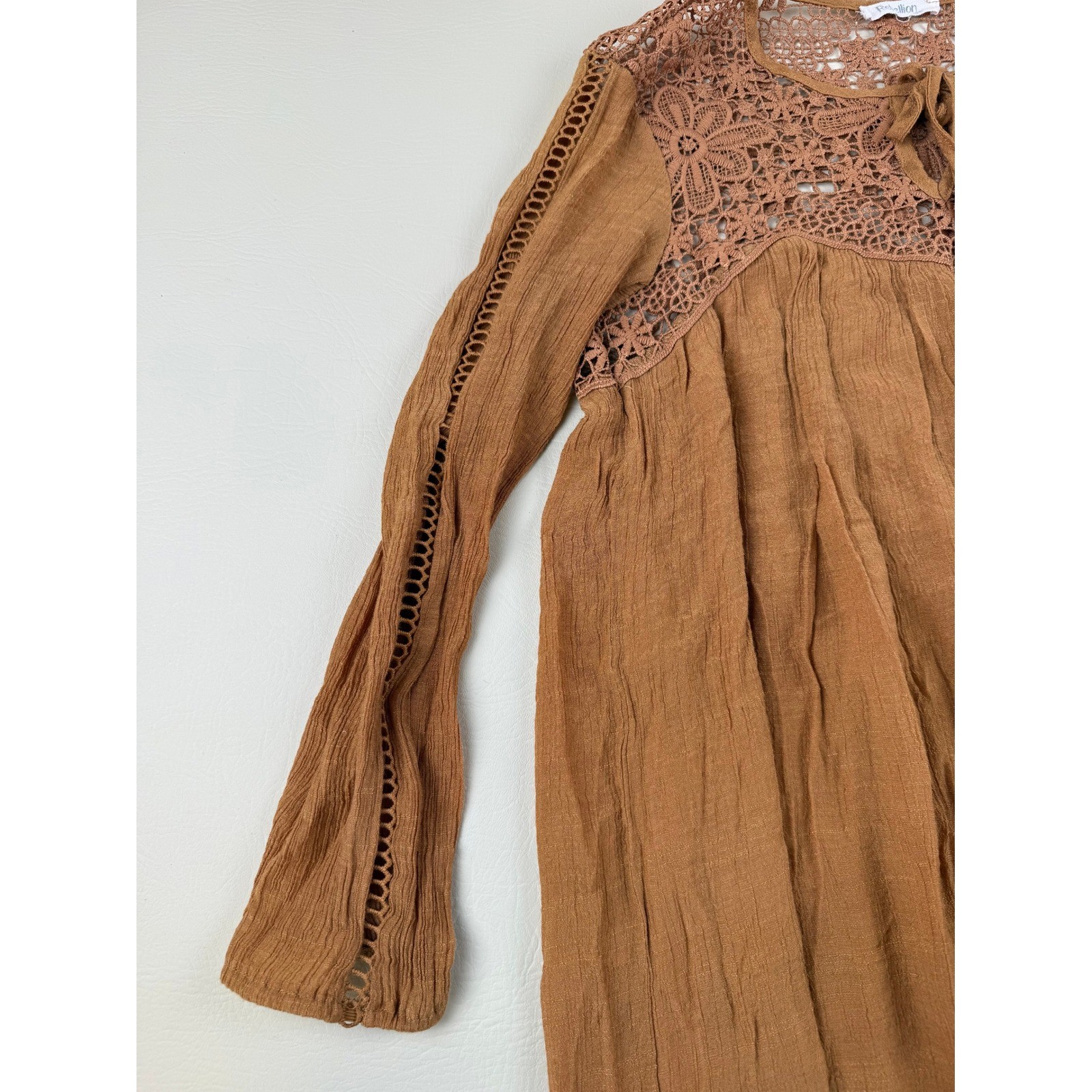 Rebellion Small Dress Boho Crochet Lace Rust Brown Rayon Blend Floral Yoke