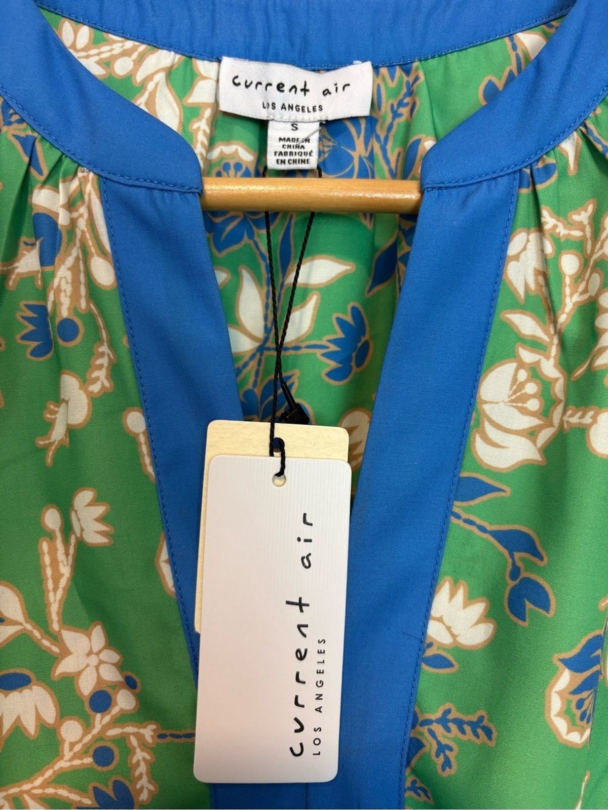 NEW Current Air Green and Blue Patchwork Floral Midi Dress Puff Sleeve Small