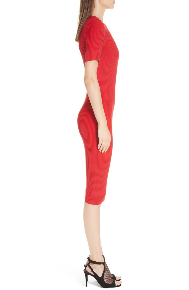 ALEXANDER WANG Snap Short Sleeve Ribbed Knit Bodycon Midi Dress, XS Red