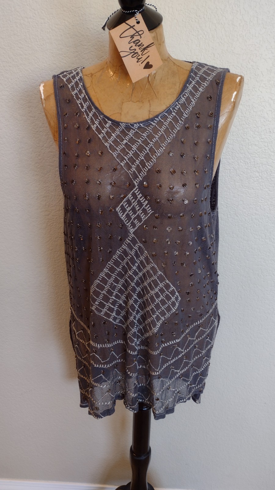 Free People 90s Gray Sheer Mesh Beaded Embroidered loose top Scoop Neck M