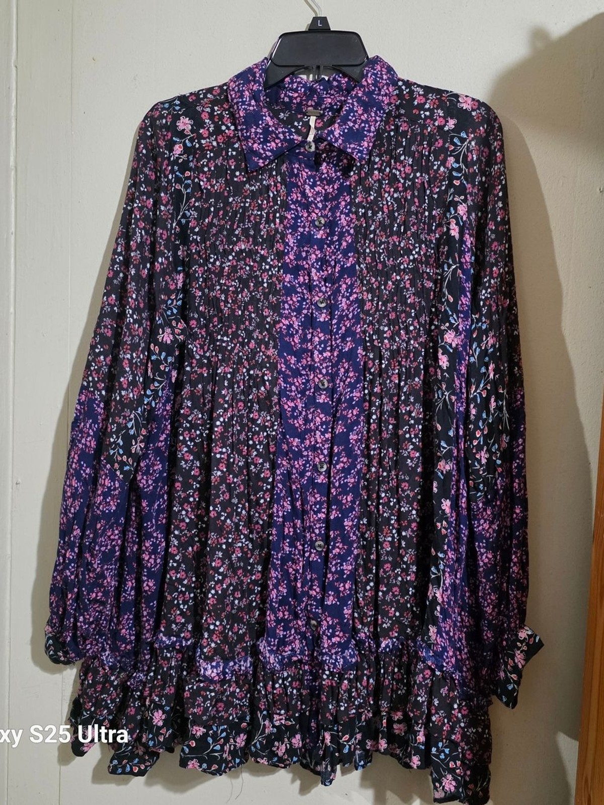 Free People Black and Purple Floral Long Sleeve Mini Dress