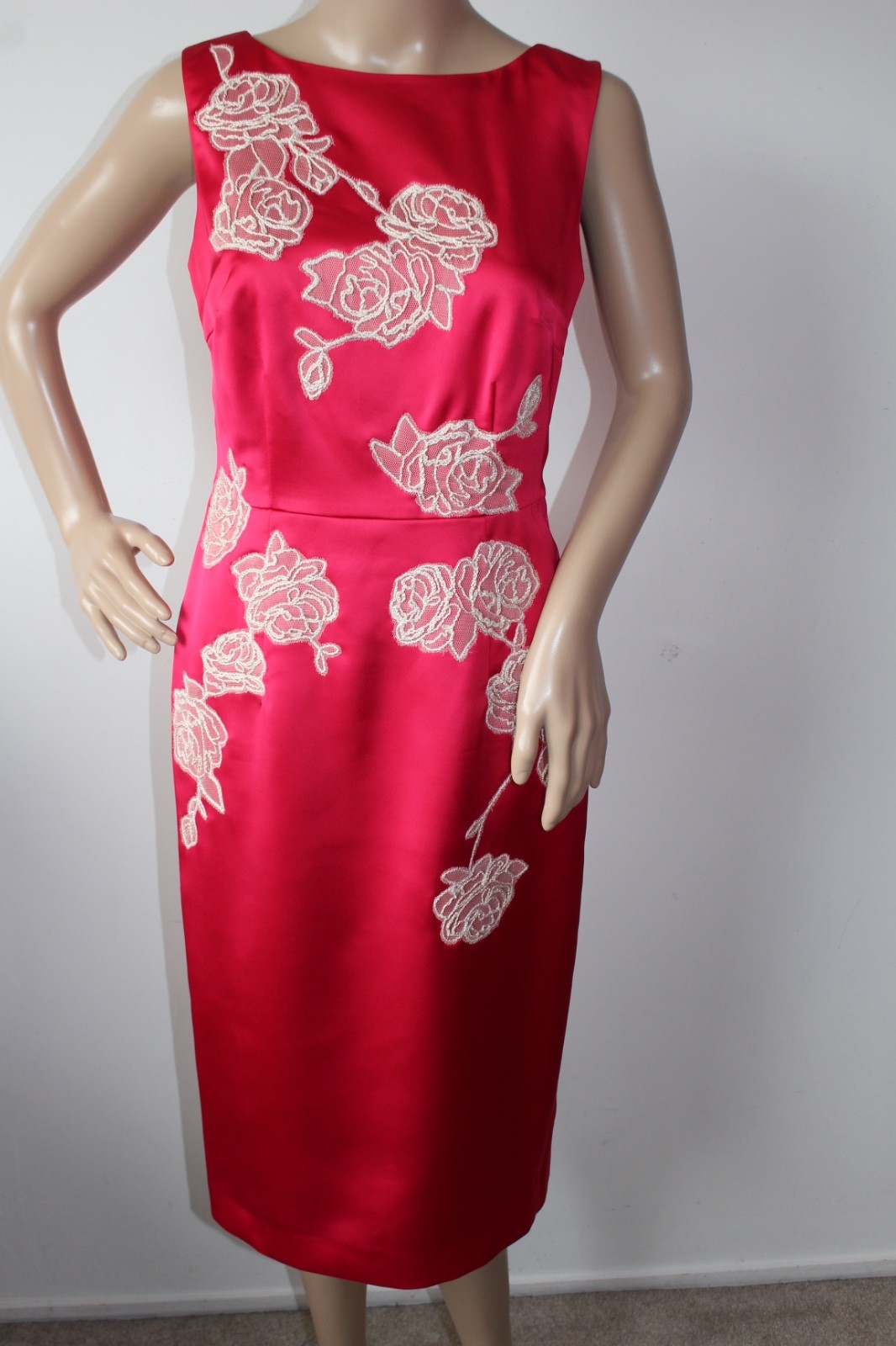 Coast Deep Pink Satin Dress Embroidered Lace Appliqué Occasion Party Evening 10