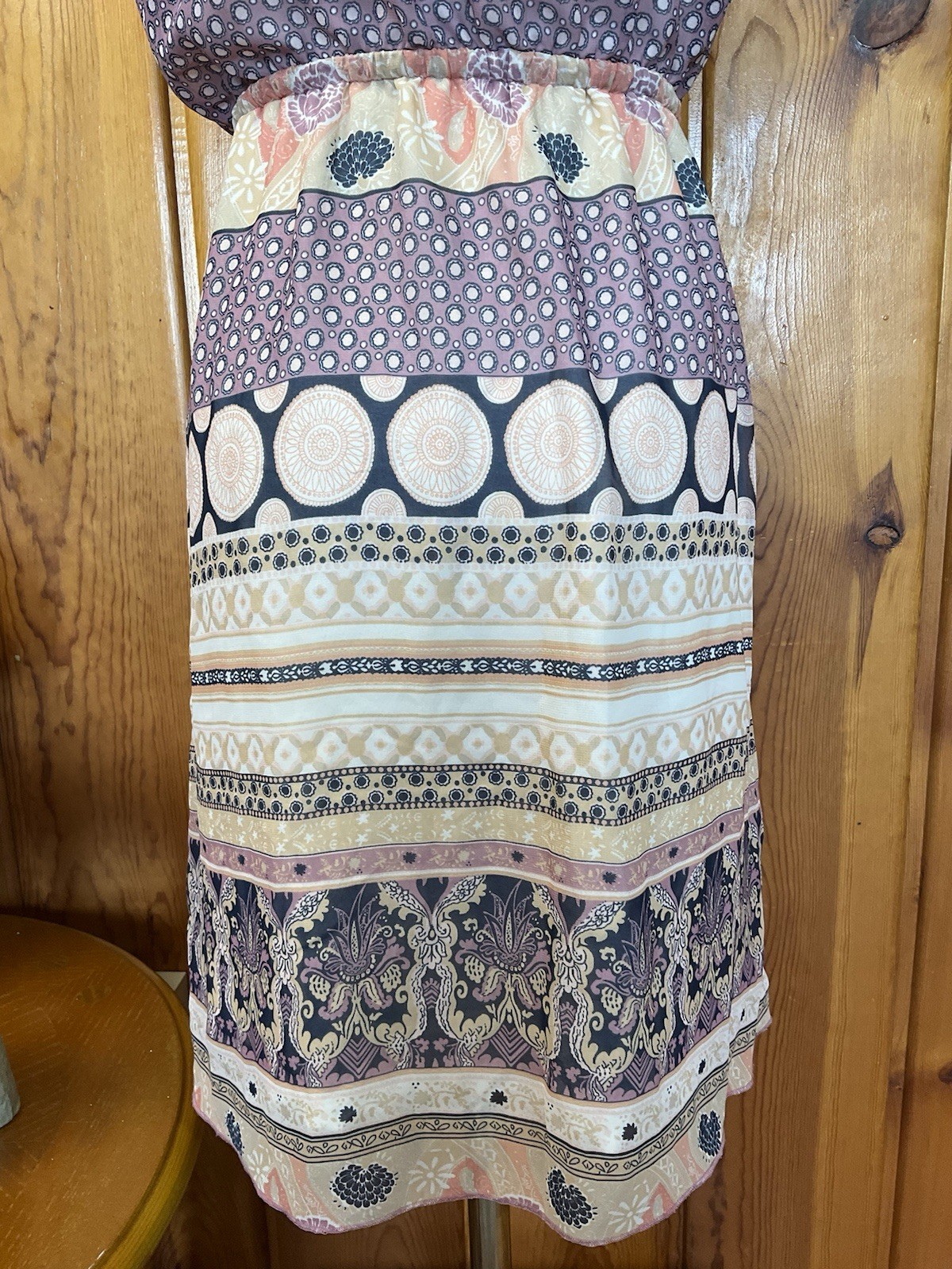 Medium Strapless Dress Purple Tan Paisley Boho Pattern Light Navy Blue Stripe
