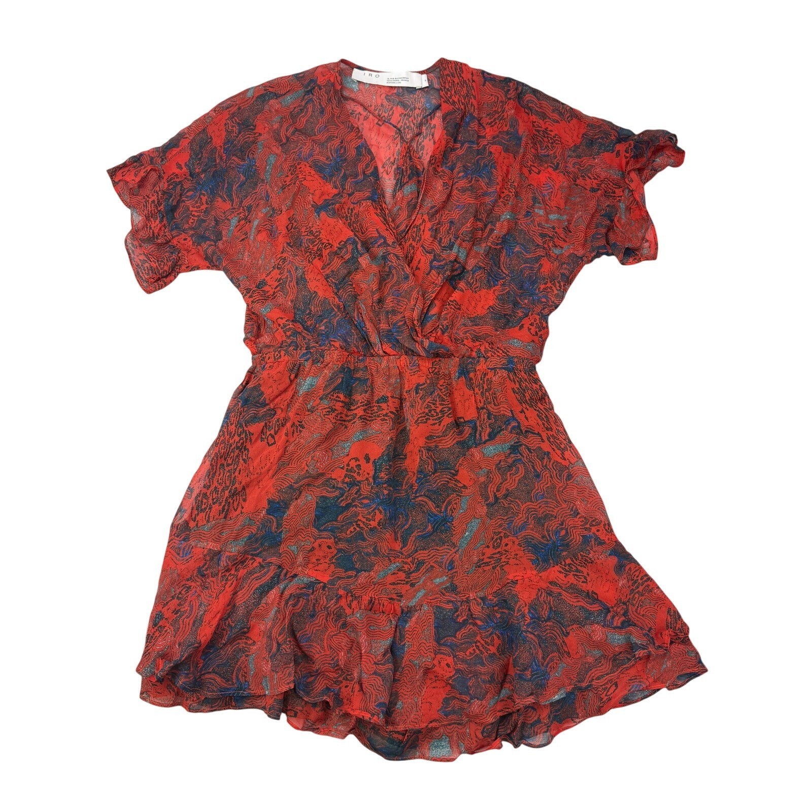 Iro Kizz Chiffon Surplice Neckline Ruffle Mini Dress Womens US 4 FR 36 Red Blue
