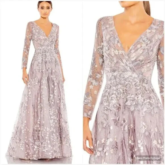 MAC DUGGAL 20402 EMBELLISHED WRAP OVER ILLUSIONS LONG SLEEVE LILAC GOWN sz 8