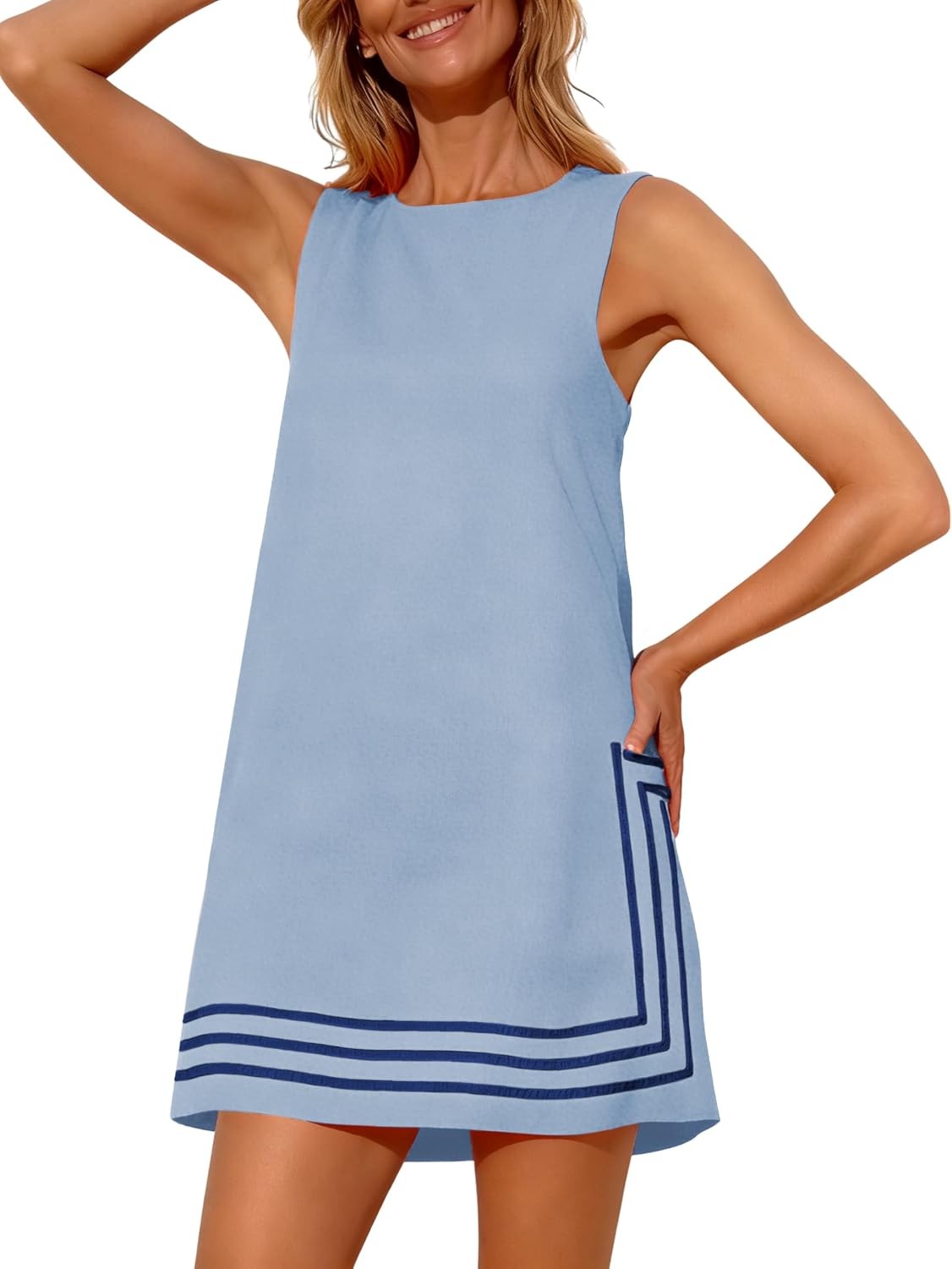 Womens Summer Boho A-Line Mini Dress Sleeveless Sundress Color Block Beach Cover