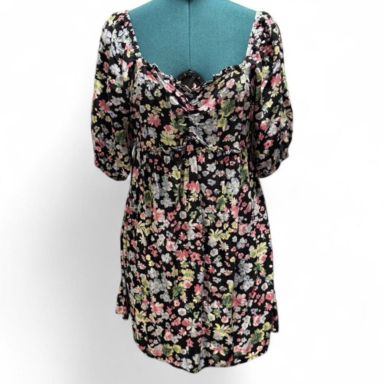 Stitch & Pine Women’s L Black Multicolor Floral Square Neck Puff Sleeve Mini