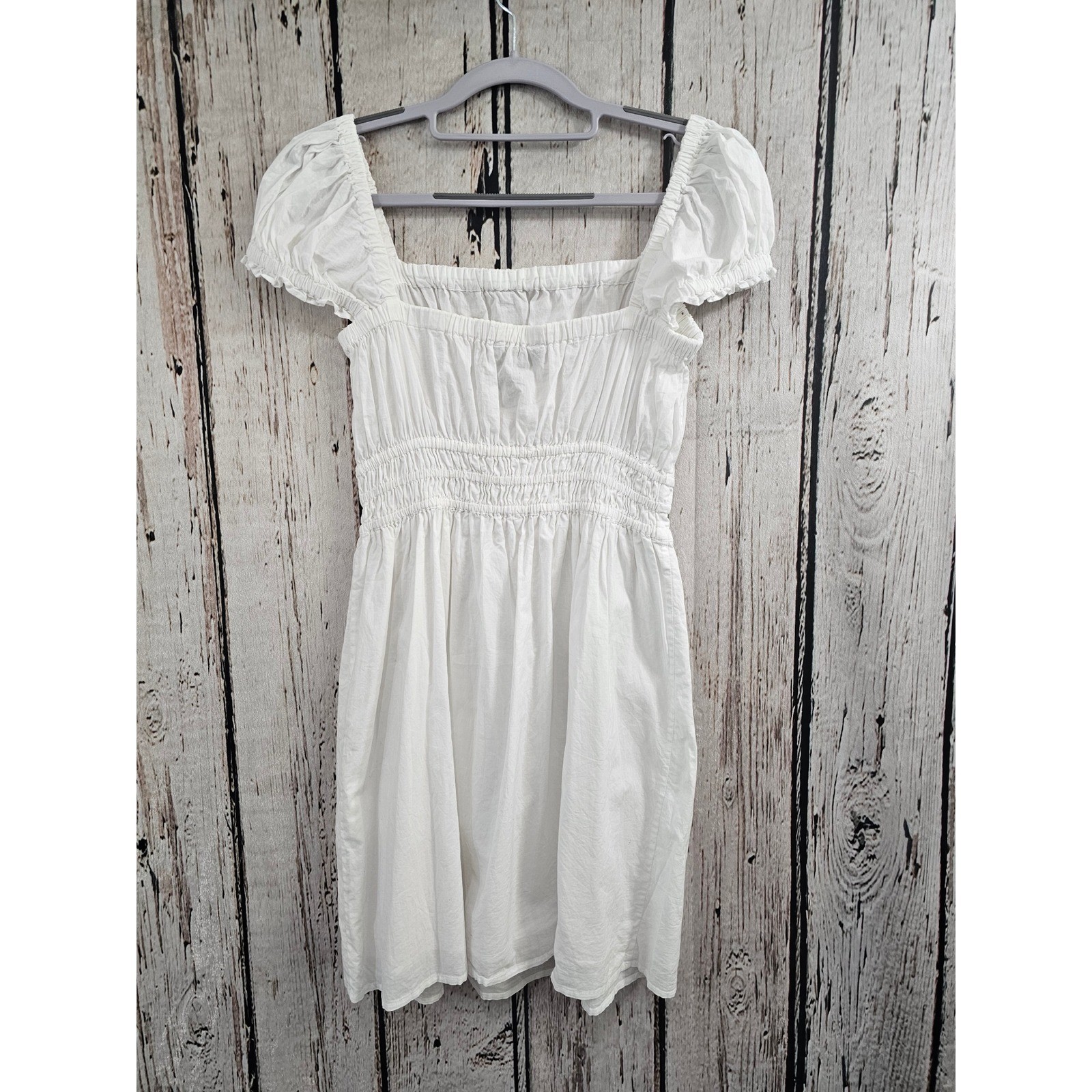 French Connection White Smocked Peasant Mini Dress Puff Sleeve XS Square Neck