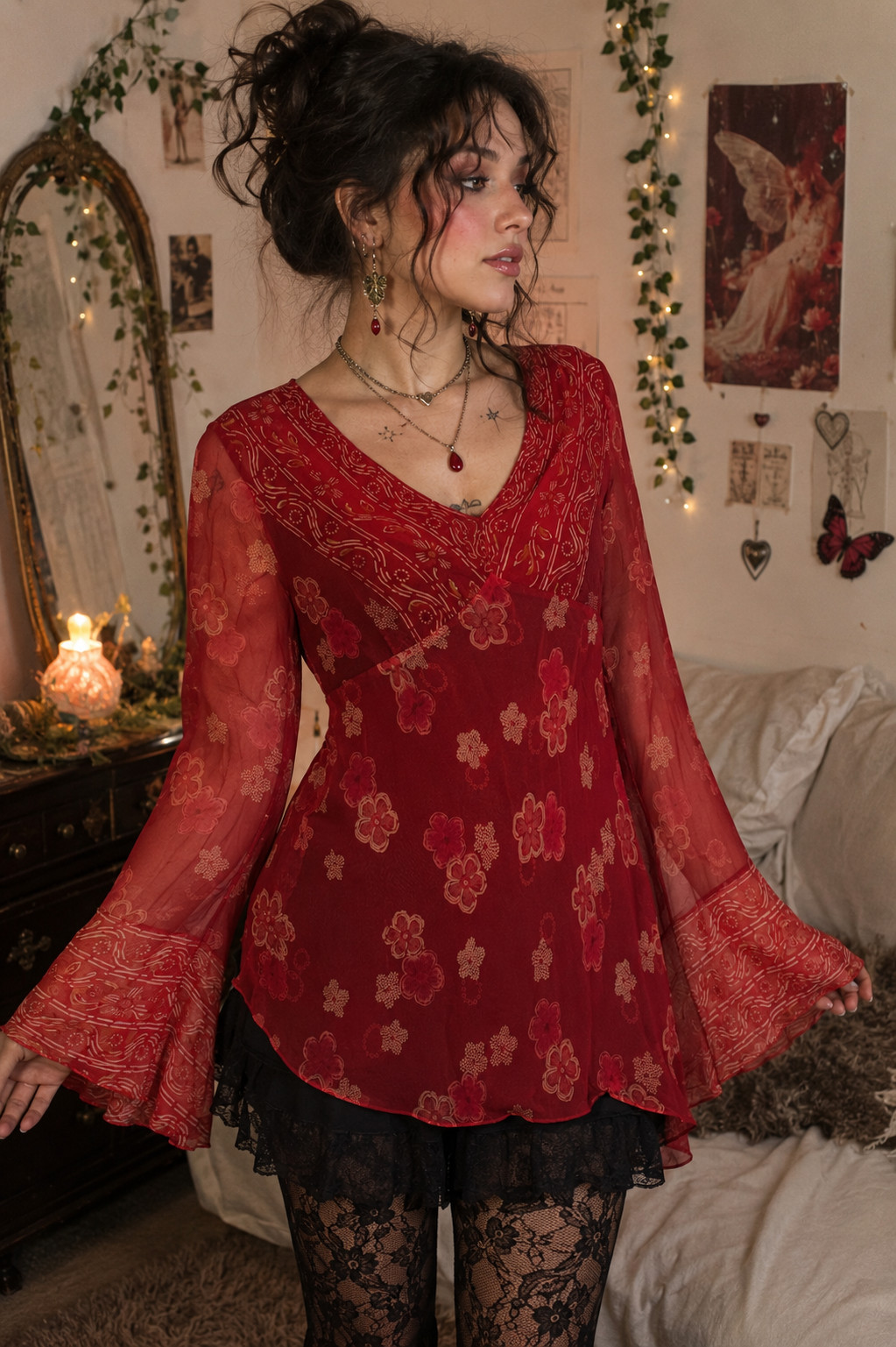 VTG Victoria Holley Red Silk Sheer Fairy Grunge Coquette Boho Floral Top 16