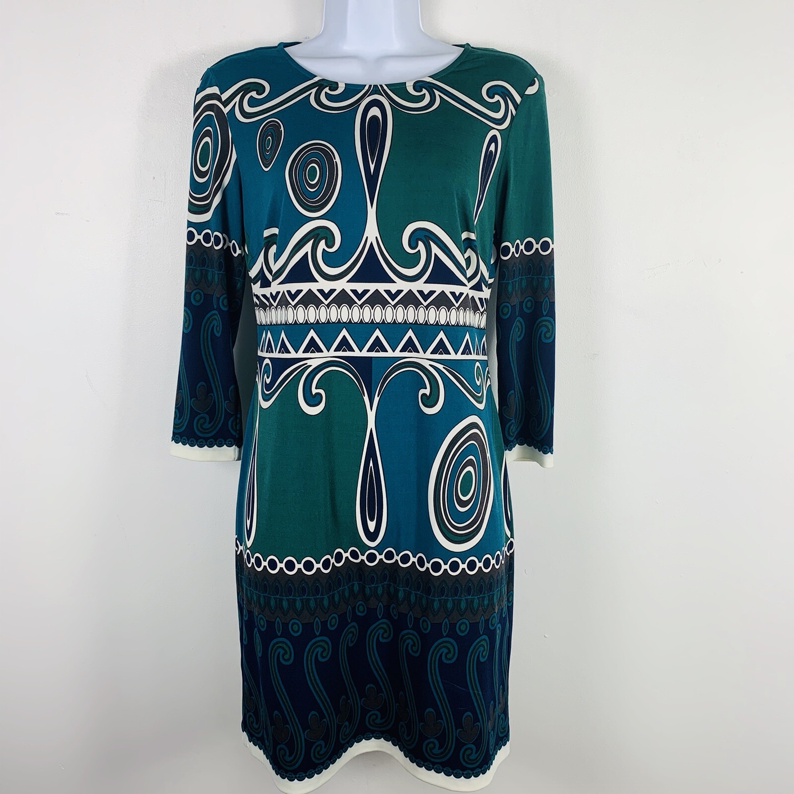 Ali Ro Womens Dress size 2 Blue Green Geometric Long Sleeve Lightweight Stretch
