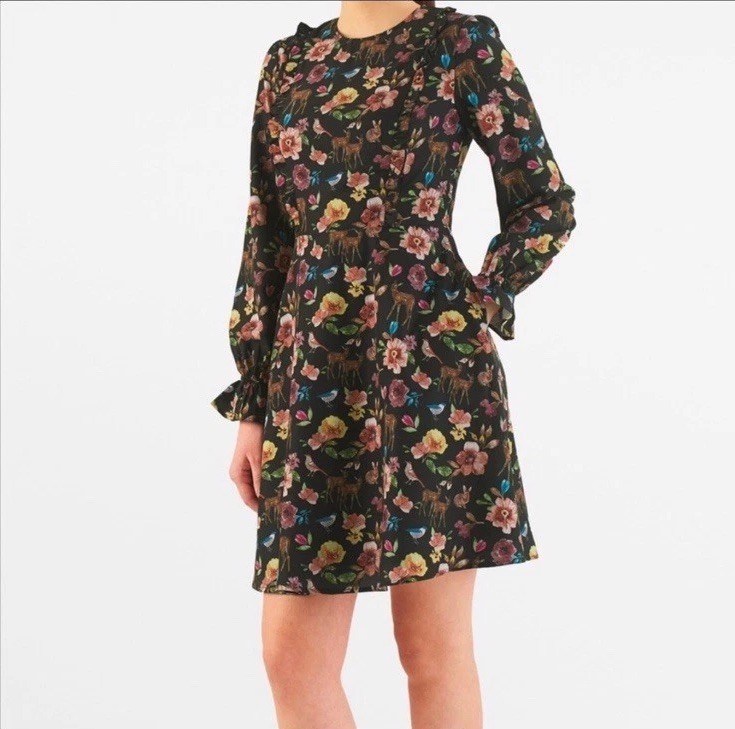 eShakti Woodland Floral Dress size XL 18 Long Sleeve Ruffle Deer Bunny Bird