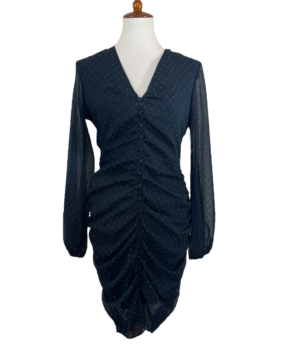 Leith Dress Navy Blue Fitted Sheer Long Sleeve Button Detail Size Medium