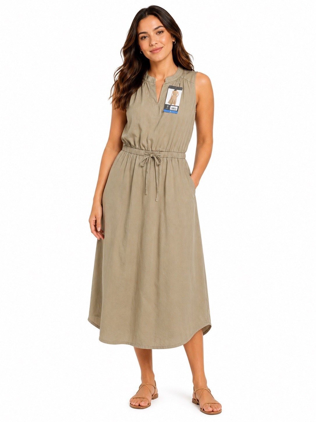 Women’s Tan Sleeveless Midi Dress Drawstring Waist Tiered Skirt Size L NWT