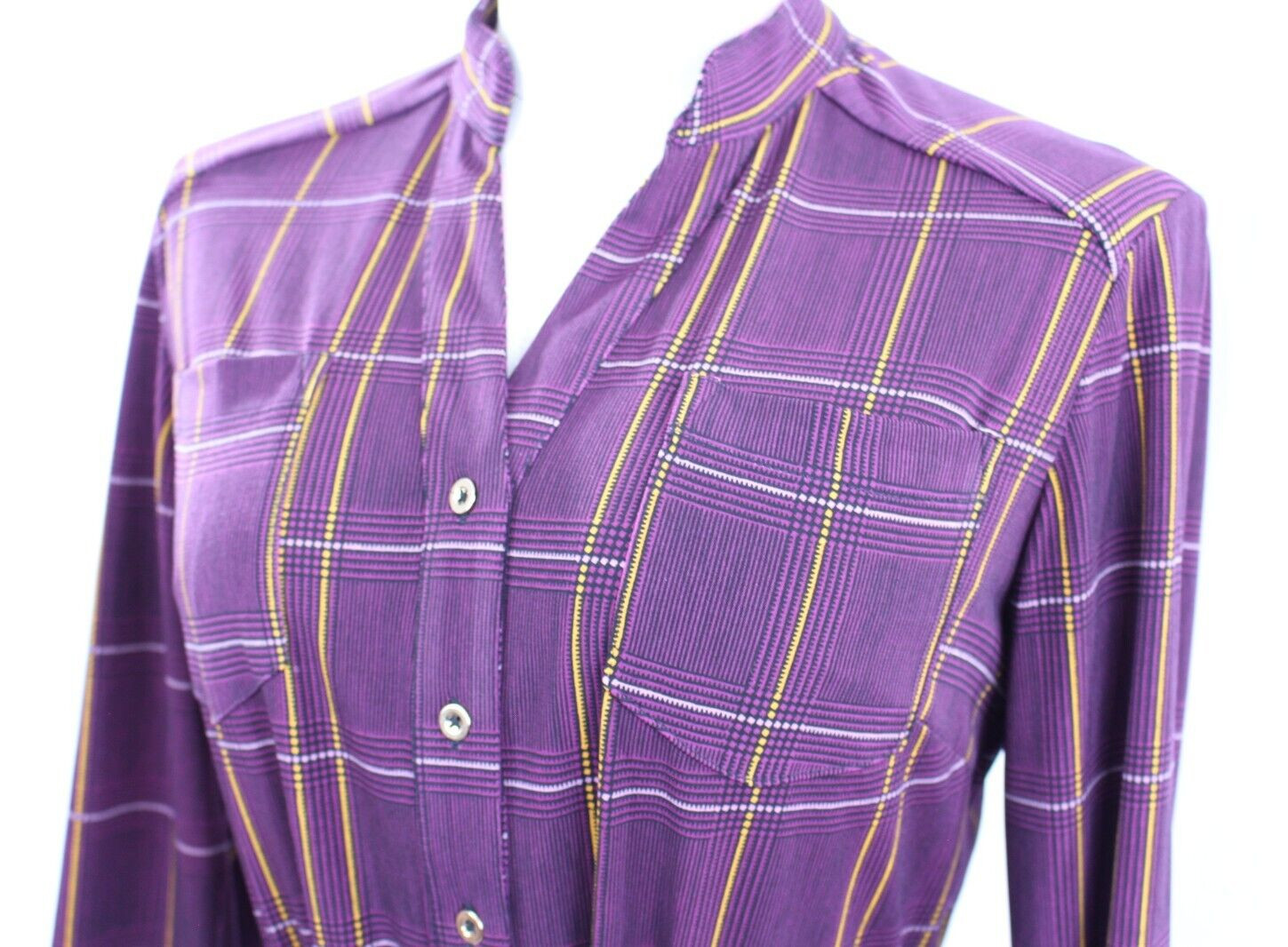 Donna Morgan Dress Purple Yellow Plaid Chest Pockets Waist Tie Buttons Sz 4