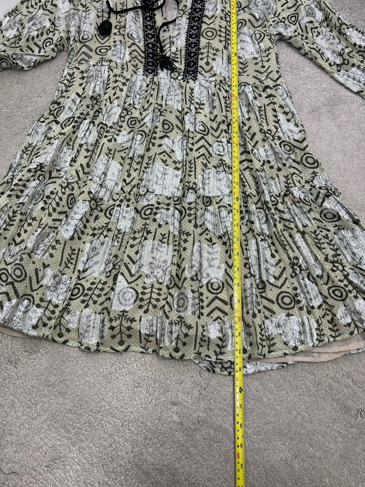 Zara A Line Boho Mini Dress Size XS Relaxed Oversized Fit Green Metallic Silver