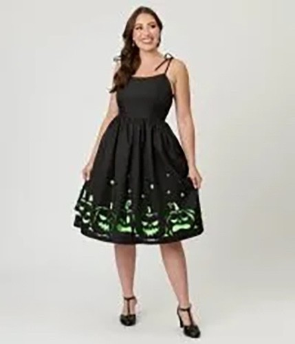 UNIQUE VINTAGE BLACK W/ GREEN CUT-OUTS HALLOWEEN PUMPKIN DRESS – REG & PLUS Sz