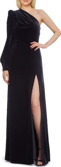 Jewel Badgley Mischka Black One-Shoulder Puff Sleeve Velvet Gown Size 2 $228