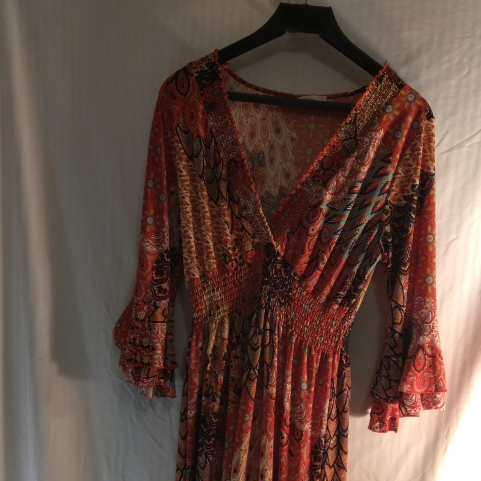 Seven Islands Women’s M Orange Multicolor Paisley Chiffon V-Neck Smocked Maxi