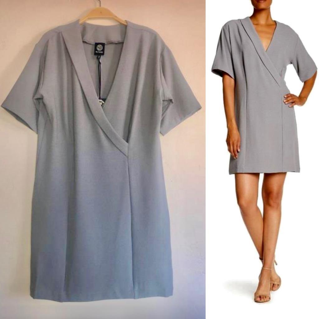BOBEAU Faux Wrap Sheath Dress XS S? Gray Woven Crepe Knit Short Sleeve $59 NWT
